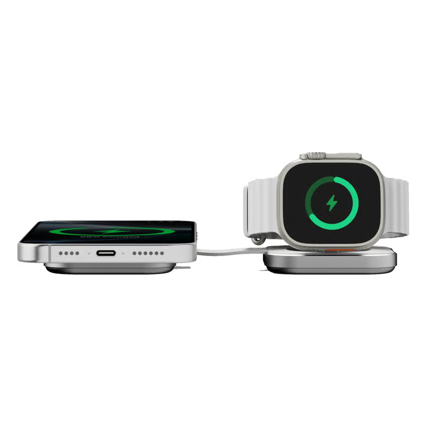 Linq 2-i-1 sammenklappelig trådløs MagSafe-oplader til iPhone, Apple Watch og AirPods, vist som sammenklappelig ladestation.