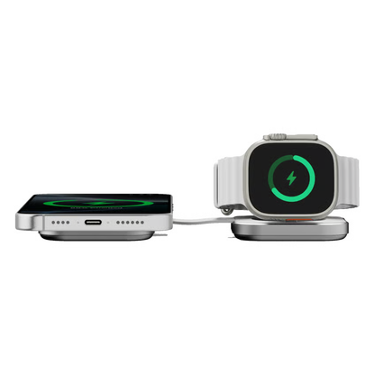 Linq 2-i-1 sammenklappelig trådløs MagSafe-oplader til iPhone, Apple Watch og AirPods, vist som sammenklappelig ladestation.