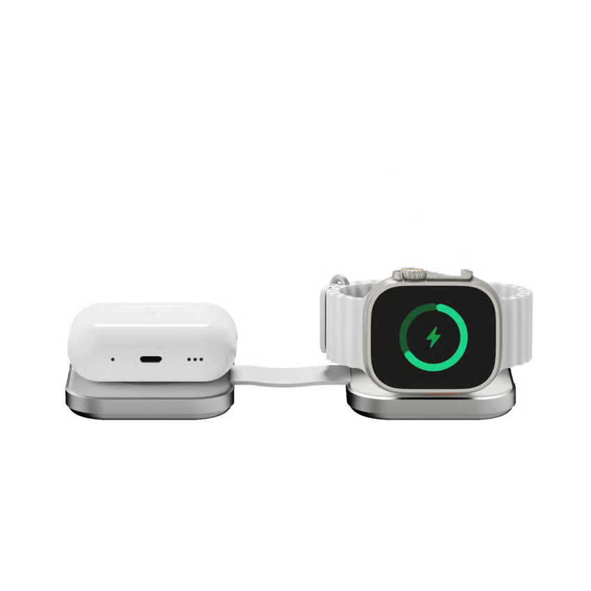 Linq 2-i-1 sammenklappelig trådløs MagSafe-oplader til iPhone, Apple Watch og AirPods med opladningsstation til øretelefoner og ur.