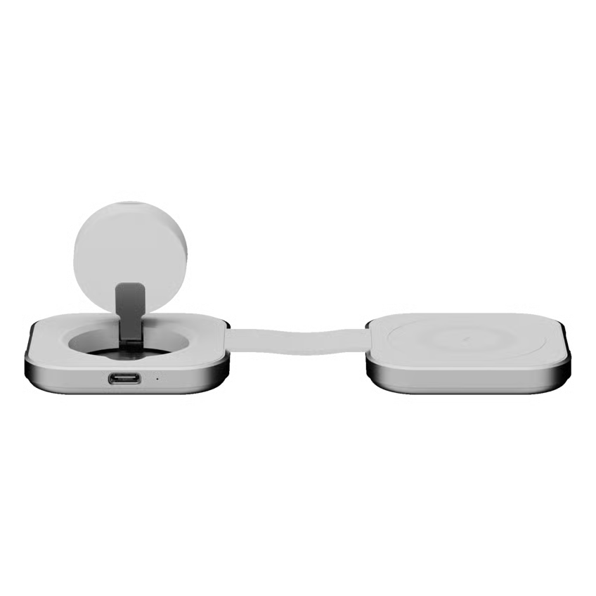 Linq 2-i-1 sammenklappelig trådløs MagSafe-oplader til iPhone, Apple Watch og AirPods med opladningsplade og fladt kabel.