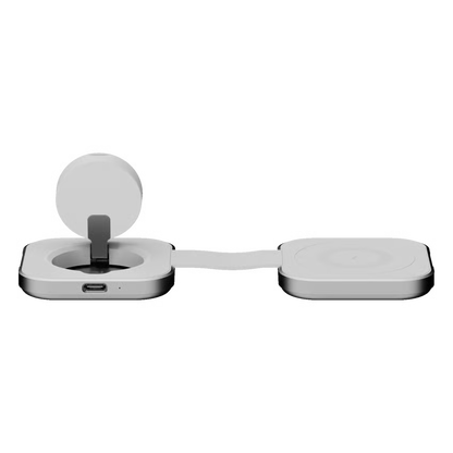 Linq 2-i-1 sammenklappelig trådløs MagSafe-oplader til iPhone, Apple Watch og AirPods med opladningsplade og fladt kabel.