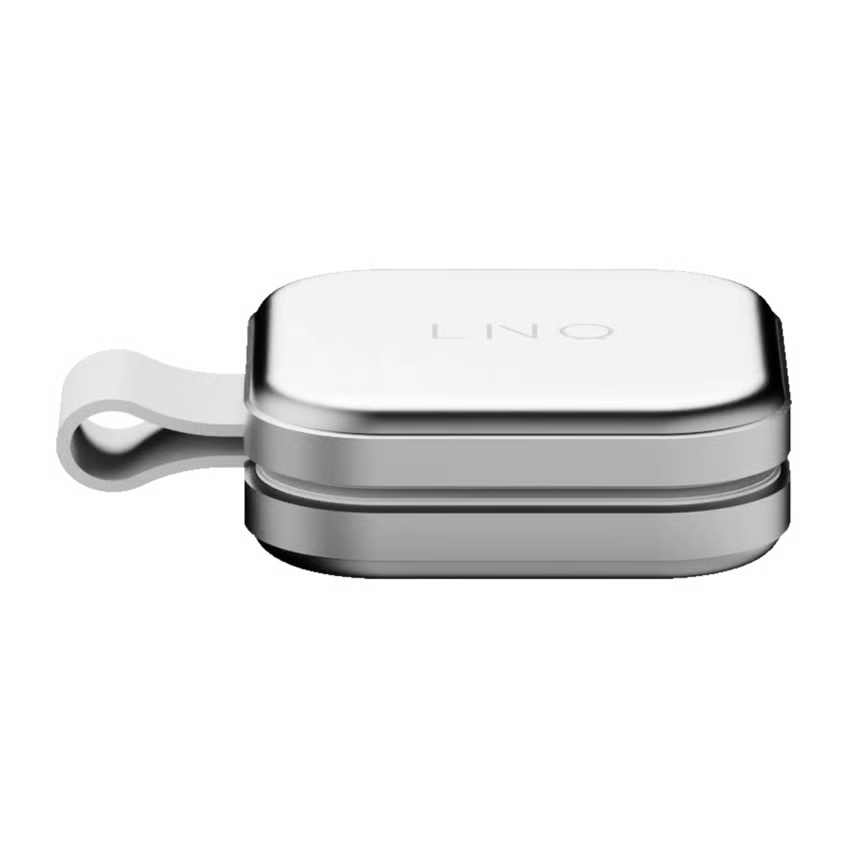 Linq 2-i-1 sammenklappelig trådløs MagSafe-oplader til iPhone, Apple Watch og AirPods med silikonestropper på siden.