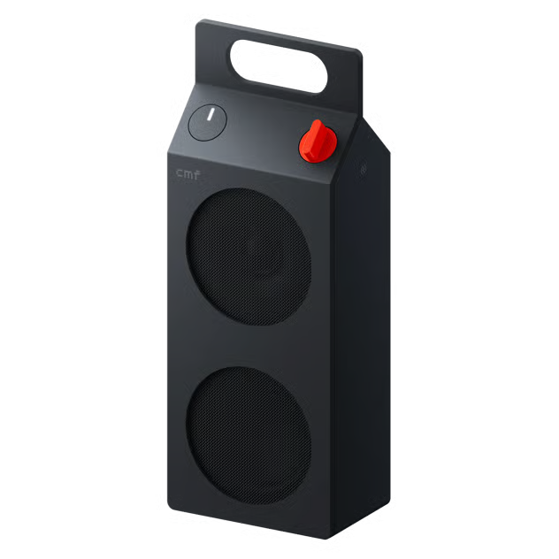Nothing CMF Speaker M – bærbar Bluetooth-højttaler i mørkegrå med to runde gitre, bærehåndtag, drejeknap og rød kontrolknap.
