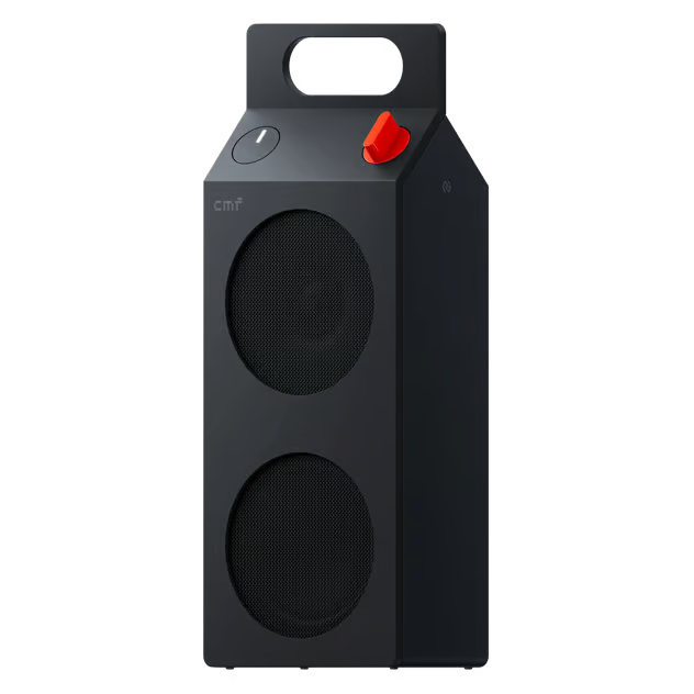 Nothing CMF Speaker M – bærbar Bluetooth-højttaler i mørkegrå med to frontelementer, bærehåndtag, tænd-knap og rødt drejeknap.