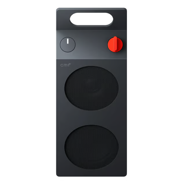 Nothing CMF Speaker M – bærbar Bluetooth-højttaler i mørkegrå med to runde gitre, sort lydstyrkeknap og rød knap.