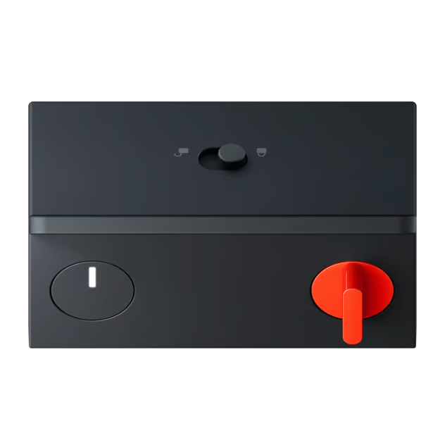 Ovenfra set billede af en mørkegrå Nothing CMF Speaker M Bluetooth-højttaler med rød drejeknap, tænd/sluk-knap og låseknap.