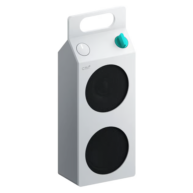 CMF by Nothing Speaker M – bærbar Bluetooth-højttaler i hvid med bærehåndtag, to sorte højttalere, hvid knap og turkis drejeknap.