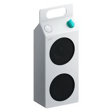 CMF by Nothing Speaker M – bærbar Bluetooth-højttaler i hvid med bærehåndtag, to sorte højttalere, hvid knap og turkis drejeknap.