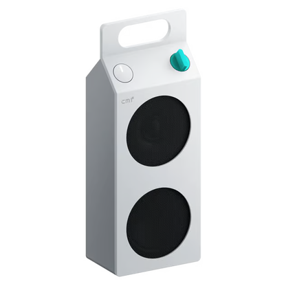 CMF by Nothing Speaker M – bærbar Bluetooth-højttaler i hvid med bærehåndtag, to sorte højttalere, hvid knap og turkis drejeknap.