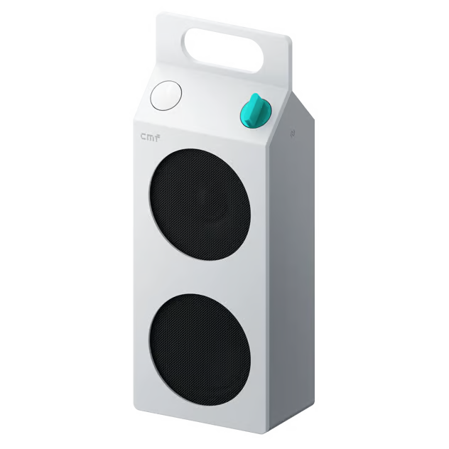 Nothing CMF Speaker M bærbar Bluetooth-højttaler, hvid, to sorte runde højttalere, turkis lydstyrkeknap, håndtag på toppen.