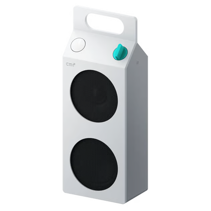 Nothing CMF Speaker M bærbar Bluetooth-højttaler, hvid, to sorte runde højttalere, turkis lydstyrkeknap, håndtag på toppen.