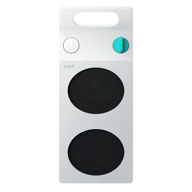 Nothing CMF Speaker M bærbar Bluetooth-højttaler, hvid, to sorte gitterelementer, drejeknap med turkis detalje, håndtag.