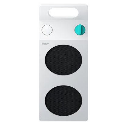 Nothing CMF Speaker M bærbar Bluetooth-højttaler, hvid, to sorte gitterelementer, drejeknap med turkis detalje, håndtag.
