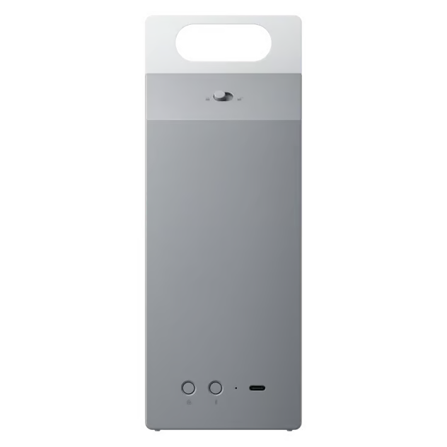 Nothing CMF Speaker M – bærbar Bluetooth-højttaler i hvid og grå med bærehåndtag, drejeknap og porte i bunden.