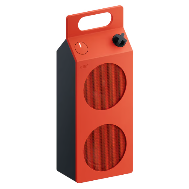 Nothing CMF Speaker M – bærbar Bluetooth-højttaler i orange og mørkegrå med to runde gitre, håndtag, knap og sort drejeknap.