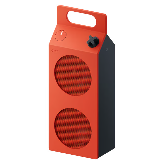 Orange Nothing CMF Speaker M – bærbar Bluetooth-højttaler med to runde gitre, håndtag på toppen, tænd/sluk-knap og drejeknap.