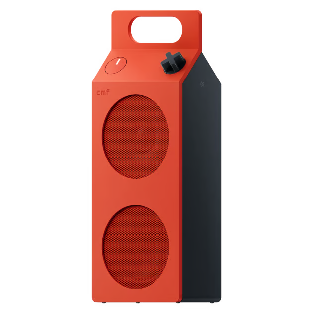 Orange Nothing CMF Speaker M – bærbar Bluetooth-højttaler med bærehåndtag, to runde højttalergitter og lydstyrkeknap.