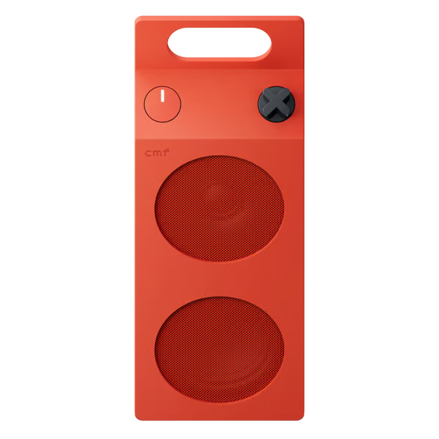 Nothing CMF Speaker M – bærbar Bluetooth-højttaler i orange med bærehåndtag, to højttalergriller og sorte drejeknapper.