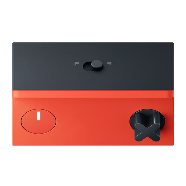 Orange og sort Nothing CMF Speaker M Bluetooth-højttaler med lydstyrkeknap, tænd/sluk-knap og indikatorlampe.