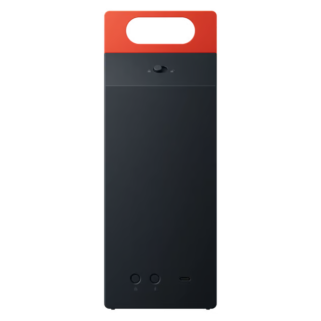 Nothing CMF Speaker M – bærbar Bluetooth-højttaler i mørkegrå med orange bærehåndtag, drejeknap, to knapper og USB-C-port.