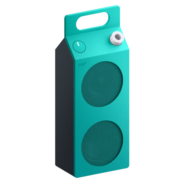 CMF by Nothing Speaker M, turkis bærbar Bluetooth 6.0-højttaler med bærehåndtag, to højttalergitre og drejeknap.