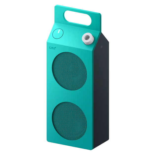 Turquoise CMF Speaker M – bærbar Bluetooth-højttaler med bærehåndtag, to runde højttalergriller og to betjeningsknapper.