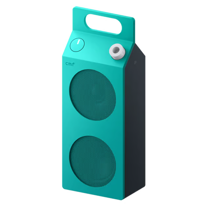Turquoise CMF Speaker M – bærbar Bluetooth-højttaler med bærehåndtag, to runde højttalergriller og to betjeningsknapper.