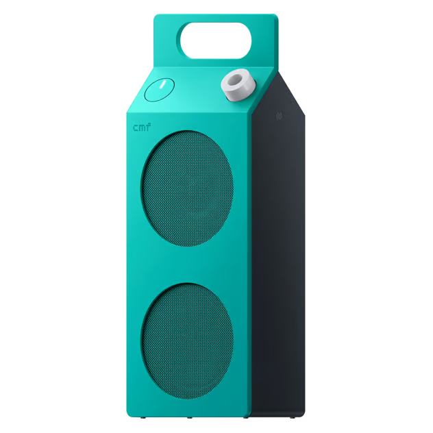 Nothing CMF Speaker M – bærbar Bluetooth-højttaler i turkis med to runde gitre, bærehåndtag og hvid lydstyrkeknap.