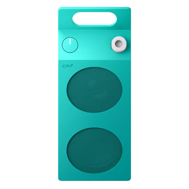 Turquoise Nothing CMF Speaker M – en bærbar Bluetooth-højttaler med to runde højttalere, lydstyrkeknap og bærehåndtag.