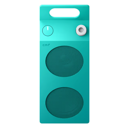 Turquoise Nothing CMF Speaker M – en bærbar Bluetooth-højttaler med to runde højttalere, lydstyrkeknap og bærehåndtag.