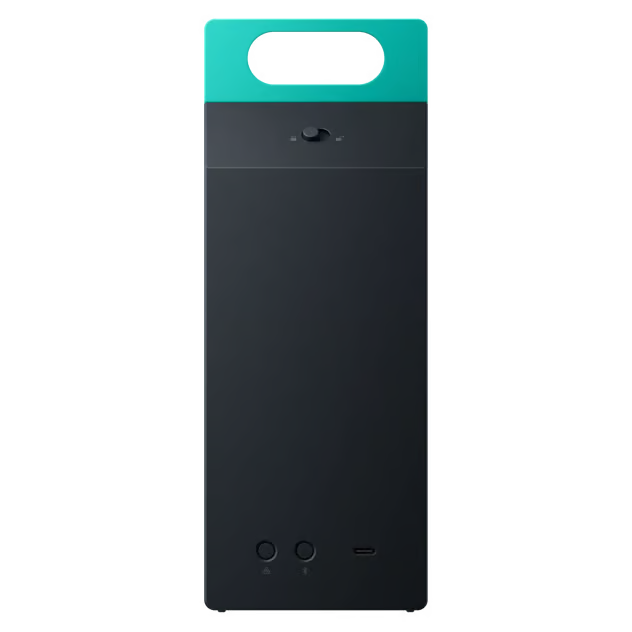 CMF by Nothing Speaker M – bærbar Bluetooth 6.0-højttaler i turkis/sort med håndtag, drejeknap, to knapper og USB-C-port.