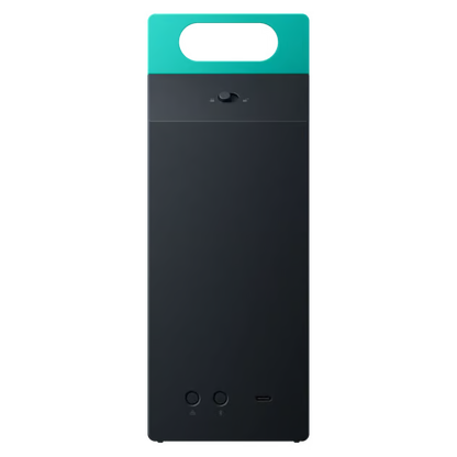 CMF by Nothing Speaker M – bærbar Bluetooth 6.0-højttaler i turkis/sort med håndtag, drejeknap, to knapper og USB-C-port.
