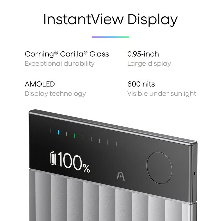 Sort, rektangulær PLAUD Note Pro AI-diktafon med 0,95″ AMOLED-skærm, 100  batteriindikator og Gorilla Glass.