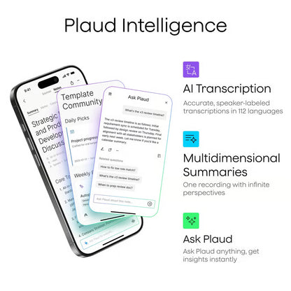 Sort PLAUD Note Pro AI-diktafon med app-grænseflade til transskribering, opsummering og søgbare noter.