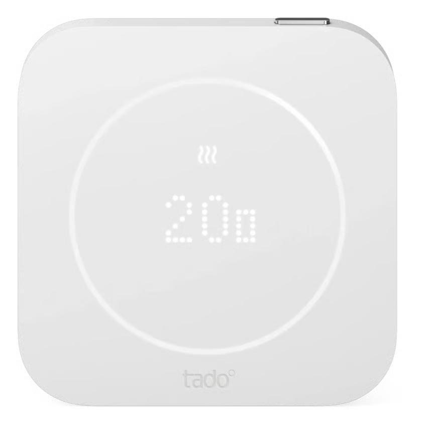 Tado° trådløs temperatursensor X (2. generation), hvid, firkantet med afrundede hjørner, viser 20 grader.
