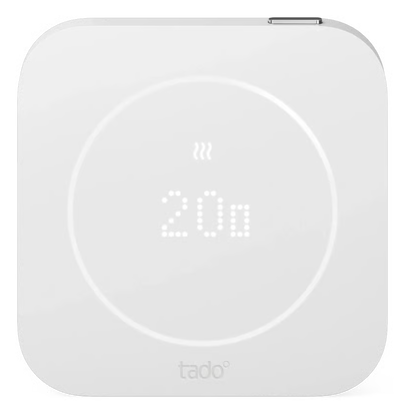 Tado° trådløs temperatursensor X (2. generation), hvid, firkantet med afrundede hjørner, viser 20 grader.