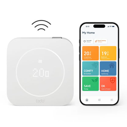 Tado° trådløs temperatursensor X (2. generation) – temperaturføler med digitalt display, der kan styres via smartphone med klima-app.