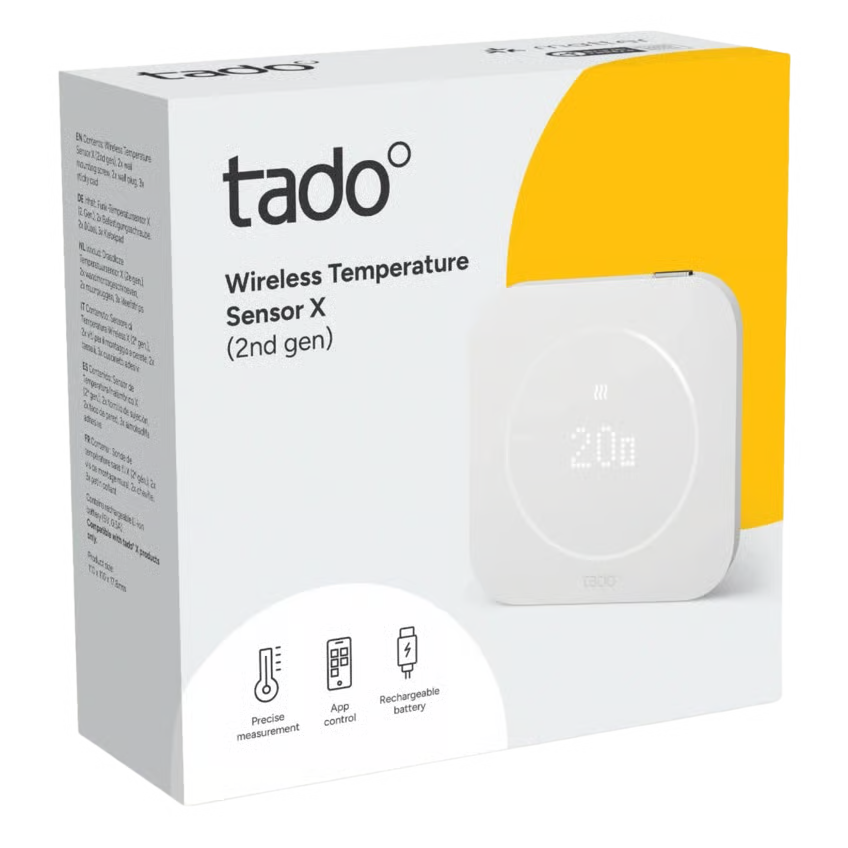 Tado° trådløs temperaturføler, 2. generation, i emballage, hvid firkant med rundt digitalt display.