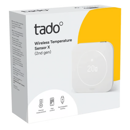 Tado° trådløs temperaturføler, 2. generation, i emballage, hvid firkant med rundt digitalt display.