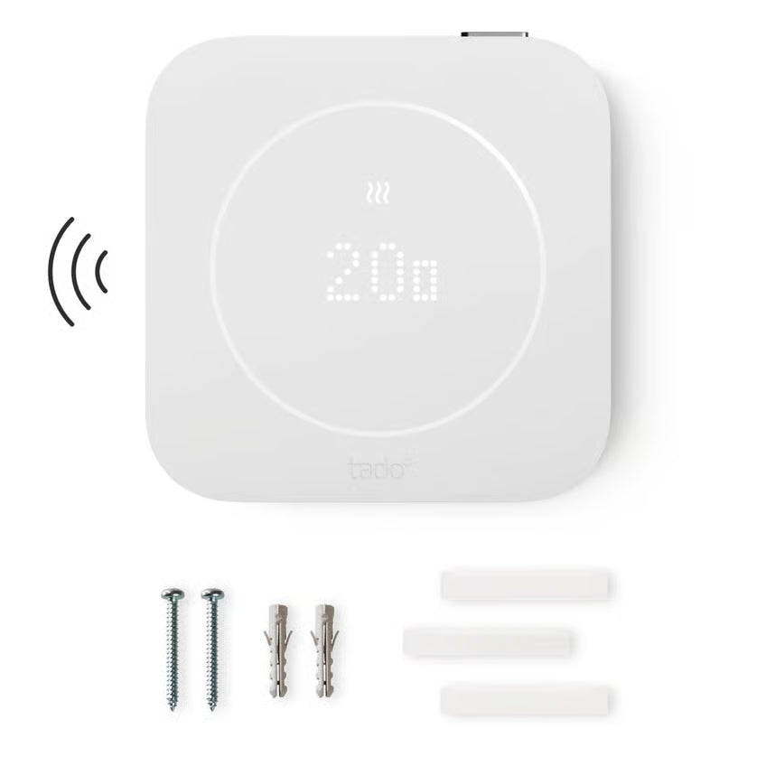 Tado° trådløs temperatursensor X (2. generation) med 20-display, inkl. to skruer, to dyveler og tre klæbestrimler.