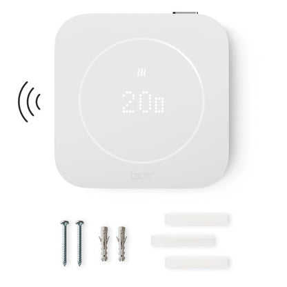 Tado° trådløs temperatursensor X (2. generation) med 20-display, inkl. to skruer, to dyveler og tre klæbestrimler.
