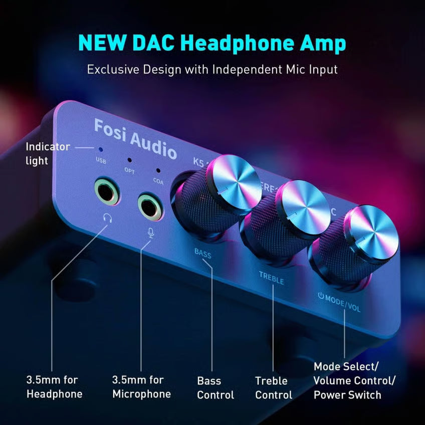 Fosi Audio K5 Pro gaming-DAC og hovedtelefonforstærker med porte, indikatorlamper samt drejeknapper til bas, diskant og lyd.