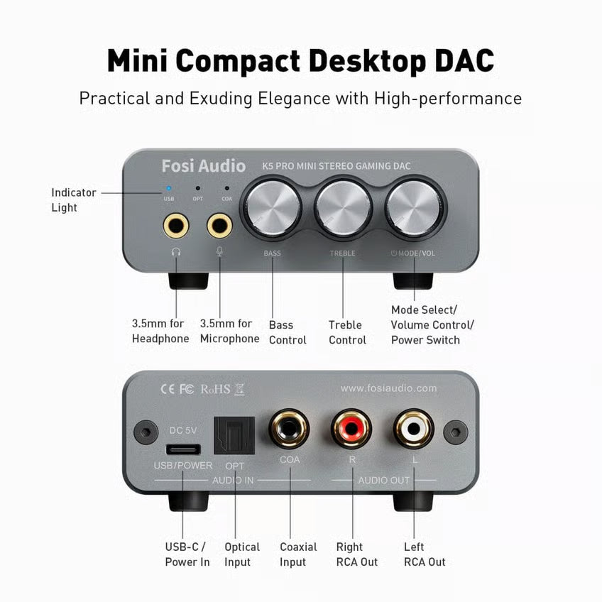 Fosi Audio K5 Pro gaming-DAC og hovedtelefonforstærker set forfra og bagfra med mikrofonstik, drejeknapper og porte.