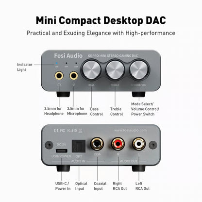 Fosi Audio K5 Pro gaming-DAC og hovedtelefonforstærker set forfra og bagfra med mikrofonstik, drejeknapper og porte.