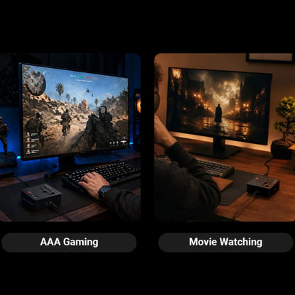 Fosi Audio C3 gaming-lydkort og DAC med hovedtelefonforstærker tilsluttet computerskærm på skrivebordet.