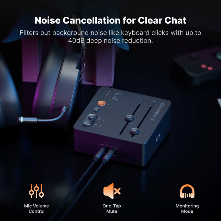 Fosi Audio C3 gaming-lydkort og DAC med hovedtelefonforstærker, lydstyrkeknapper, kontrolknapper, stik og mikrofonikoner.
