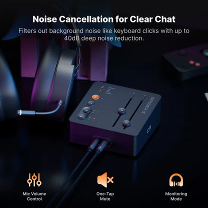 Fosi Audio C3 gaming-lydkort og DAC med hovedtelefonforstærker, lydstyrkeknapper, kontrolknapper, stik og mikrofonikoner.