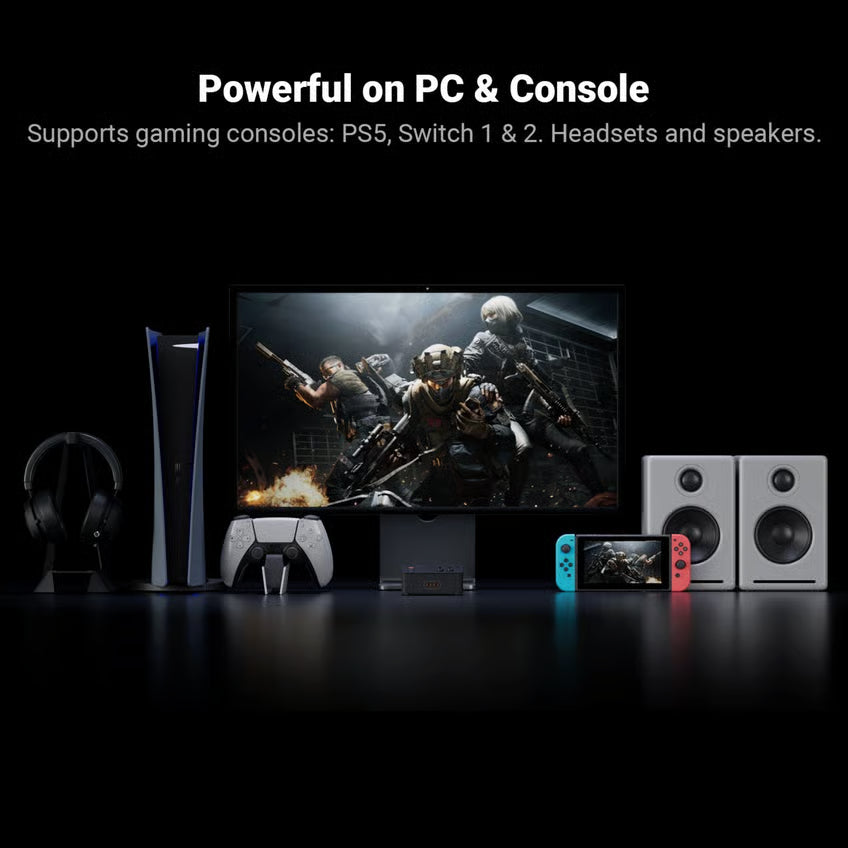 Fosi Audio C3 gaming-lydkort og DAC med indbygget hovedtelefonforstærker til computerskærm, konsol og højttalere.
