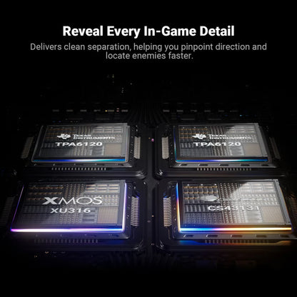 Fosi Audio C3 gaming-lydkort og DAC-printkort med TPA6120-, XMOS XU316- og CS43131-chips samt RGB-belysning.