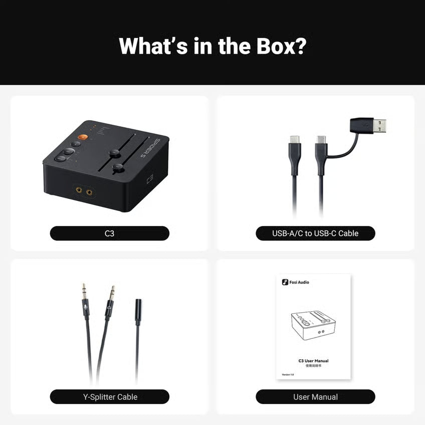 Fosi Audio C3 gaming-lydkort og DAC med hovedtelefonforstærker, skydere, lydudgange, USB-C/A-kabel, Y-splitter og brugsanvisning.
